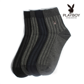 PLAYBOY 花花公子男士商务精梳纯棉条纹休闲袜男袜短统筒袜子2138 黑色 均码