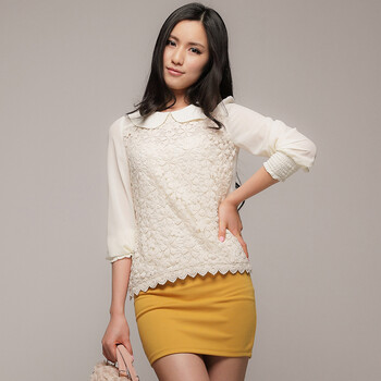 言若 花瓣领蕾丝雪纺上衣 SS20399 米色 L