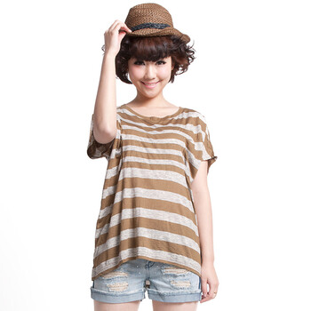 Basic House 百家好夏装 韩版女式条纹T恤HLTS325P 棕色 165/68A/L