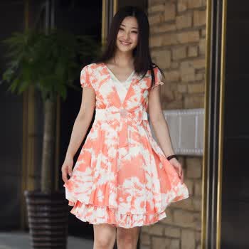 妮蕾迪 2012夏新款优雅甜美亮钻蝴蝶结装饰修身连衣裙1803 桔红色 XXL