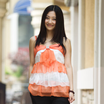 妮蕾迪 2012夏新款时尚可爱亮钻蝴蝶结装饰吊带雪纺上衣A081 橘色 XL'