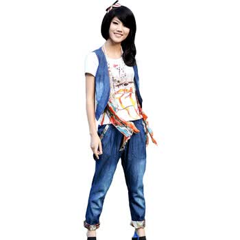 伊雯 夏季新款印花短袖T恤牛仔马甲七分牛仔裤三件套 女XTU08127 橘红 XL