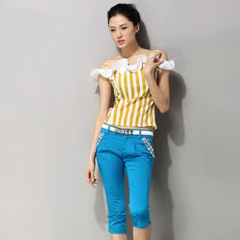 名美 2012夏季新款女装韩版修身镶钻七分裤8305 白色 XL