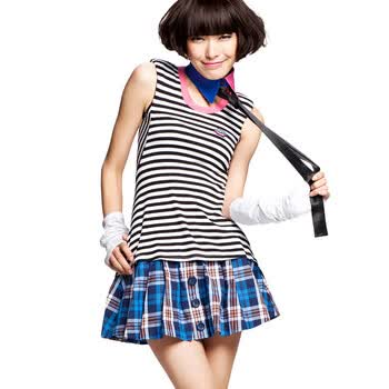 七格格 OTHERMIX 韩版修身休闲青白条纹短袖t恤女 22A1111 黑色 XL
