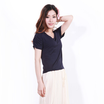 SHOPING PLAN 2012夏装新款女装韩版大码弹力修身显瘦V领短袖T恤 20003 藏青色 L