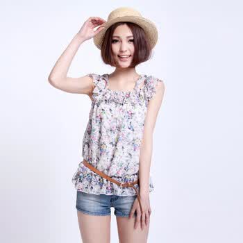 天使园 2012春夏新品小碎花无袖束口雪纺衫女款杏色粉色 WD11F-202 粉色 均码