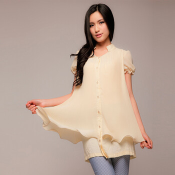 言若 2012新款夏装品质女装雪纺连衣裙女双层短袖立体花瓣连衣裙 DL20300 黄色 L