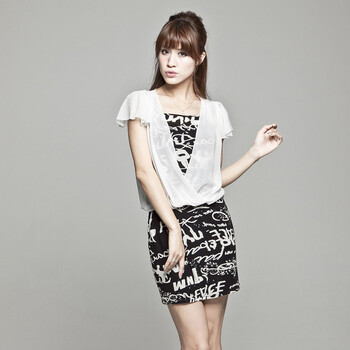 百依秀子 2012夏装新款女装韩式优雅假两件雪纺印花连衣裙2012-B257 白印花 XL