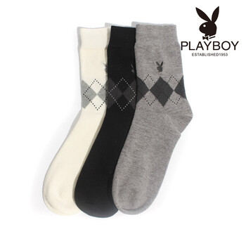 PLAYBOY 花花公子新款抗菌吸汗菱形提花商务休闲男士中长筒袜2118 深麻灰 均码