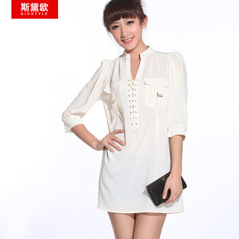 qiustyle新款休闲立领雪纺衫大码女士衬衫11109 米白色 XL