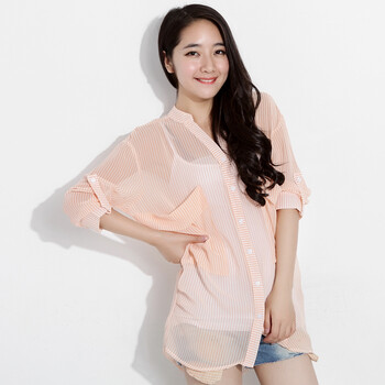 韩都衣舍 2012韩国女装夏装新款条纹立领蝙蝠袖衬衫LA1186 橙色 M