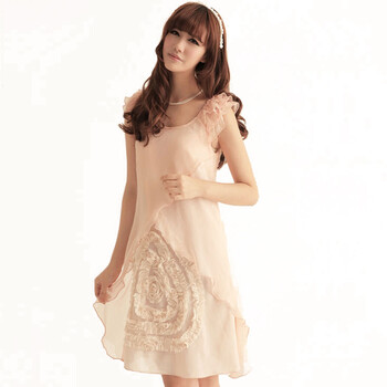 shinena/夏娜 2012 春季新款 立体花雪纺连衣裙 1395 粉红色 L