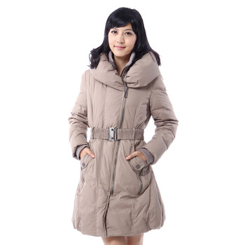 雅鹿 女士泡泡领子斜拉链中长款羽绒服^@^LD25060 硬木色 175/XXL