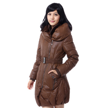 雅鹿 女士泡泡领子斜拉链中长款羽绒服^@^LD25060 深茶金 175/XXL