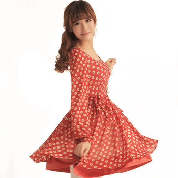 shinena/夏娜 2012韩版春装新款 红色复古田园碎花可脱领雪纺连衣裙女 1365 红色 M