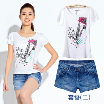 cuteway 2012新款女装时尚短袖T恤+牛仔短裤热裤套装 套装2 T恤XL+裤子30