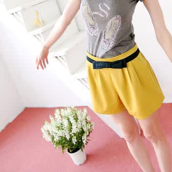 东京着衣 舒适女装饰蝶结压折松紧短裤2013073 芥黄 均码