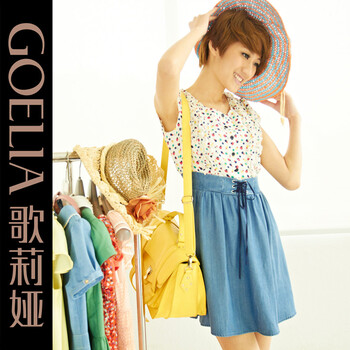 歌莉娅GOELIA 2012夏季新款 波点印花连衣裙配头花26E4B830 原价699 蓝色 M