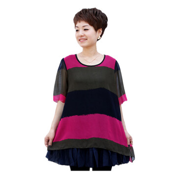蕾曦 2012中老年女装 夏装妈妈装短袖老年人大码 短袖衬衫开衫 雪纺 SQB条纹 玫红色 XXXXL