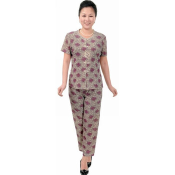 达思彼 新款中老年妈妈女装印花盘扣套装 YY凤艳套装 卡其色 XXXXL