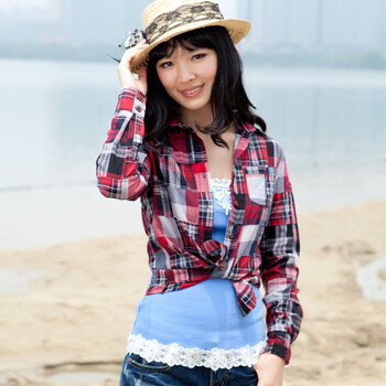 VERI GUDE 秋装 时尚韩版 大码休闲短袖衬衫英伦格子衫衬衣女士格子衬衫