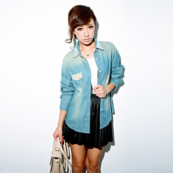 CICI-SHOP 日系甜美珍珠装饰长袖牛仔布衬衫上衣2307 蓝色 M