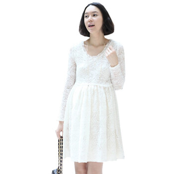 蕾曦 秋夏款韩版蕾丝长袖孕妇裙 圆领中袖蕾丝连衣裙 WML.802 白色 均码