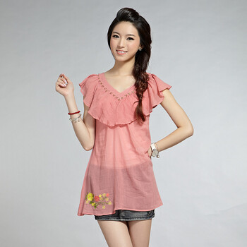 俏艺2012夏装新款淑女手工订珠刺绣V领宽松无袖衬衫1444 深红 XL