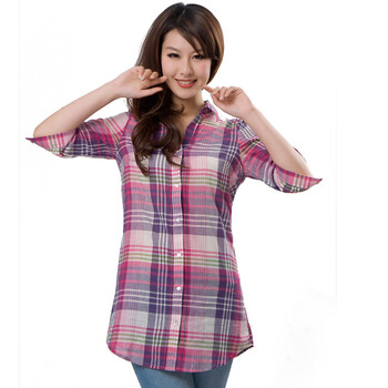 怡致VISZS 女式 韩版翻领全棉短袖格子衬衫 红条紫格 XL(39)