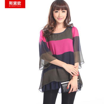 qiustyle新款夏装宽松大码女士衬衫条纹雪纺衫11112 热情红 XL
