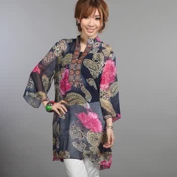 qiustyle新款民族风长款复古休闲印花色雪纺衫0060 玫红蓝 XXXXL