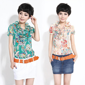 韩宿 2012夏装新款女装韩版荷叶领短袖雪纺衬衫12-1250 绿色 XXL
