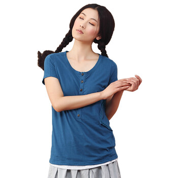 茵曼INMAN 2012夏装半开襟纽扣装饰纯棉女短袖T恤Y822022545 海普蓝 XL
