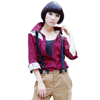 奈叶女装2012夏装新款蕾丝韩版长袖格子衬衫0153 红色 L