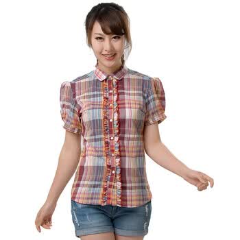 怡致VISZS 女式 轻薄透气全棉短袖衬衫 HB120240 橙红格 XL(39)
