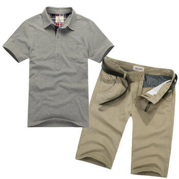 零号男 简约格纹领POLO衫+军旅几何分割休闲短裤 FD038+DD009 灰+卡其 XXL+36