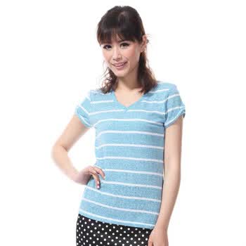 比克波克 BIKBOK 2012新款夏装桃型领彩横条百搭短袖T恤 A2T156 蓝色 L