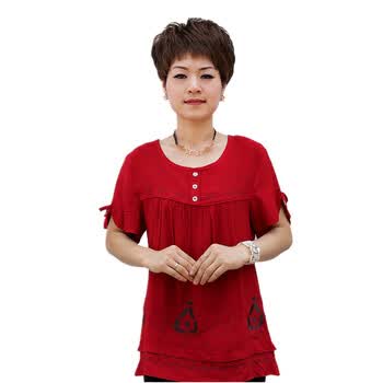 蕾曦 2012中老年夏装 中年女装妈妈装 短袖T恤 下摆绣花棉T恤 上衣 SQB下摆绣花棉T恤 上衣 大红 XXXL