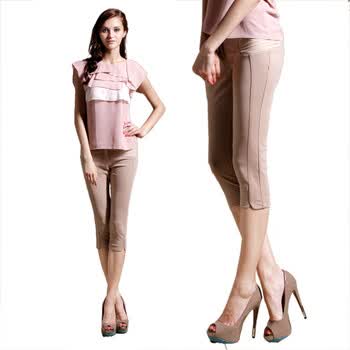 名媛坊 MIRROR FUN 2012夏 时尚淑女 冰丝压褶 罗马针织布七分裤子 M22B722 咖啡色 XL