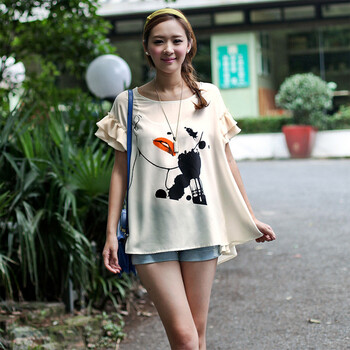 6月8日纳纹2012夏季新品短袖韩版荷叶边印花雪纺衫039556X 米色 M