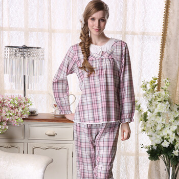 芬腾 七彩格纹韵律 纯棉长袖长裤家居服套装 M8407 七彩格 XL