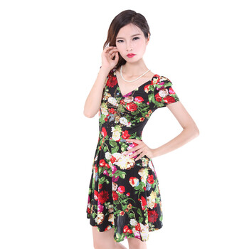 EyesonU 时尚修身V领亮钻女士大码显瘦连衣裙 亮丽花色女裙 L1122