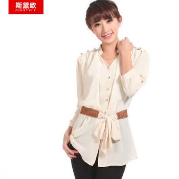 qiustyle21012新款夏韩版立领显瘦雪纺衫衬衫11106 米白色 XL