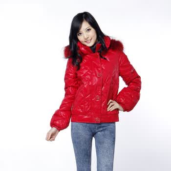雅鹿 菱形格泡泡袖女士短款羽绒服^@^YBC2050 明红 175/XXL