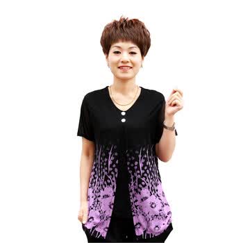 蕾曦 中老年女装夏装短袖女士假开衫大码T恤新款夏季时尚妈妈装上衣 SQB向晨 紫花 XXXXL