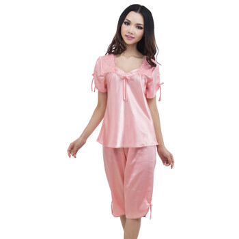 荻嘉茂 夏季女款蕾丝圆领绣花短袖六分裤两件套装2007a 西瓜红 XL