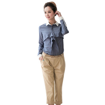 纳纹2012新品女装夏装新款哈伦裤七分裤衬衫腰带OL三件套韩版中裤子039601K 蓝色 XL