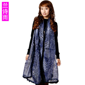 兰诗雨 真丝水貂毛豹纹女士围巾BGWJ550044 C蓝 均码