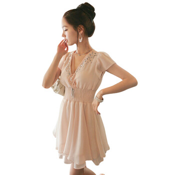 维妮 VINEY 2012韩版夏季新款女装裙子飘逸大V领带钻雪纺短袖连衣裙71039 粉色 M