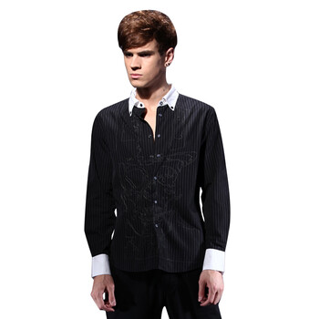 DESIGN CORNER 男式全棉撞色条纹衬衣 绣花男款衬衫SH1011016 黑色 XXL